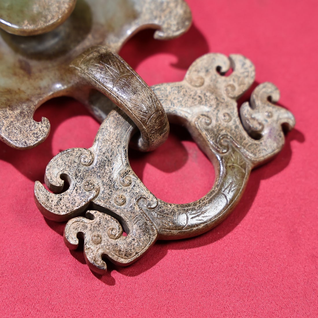 A Pair Vintage Chinese Hetian Jade Carved Divine Beast Door Knocker - 7