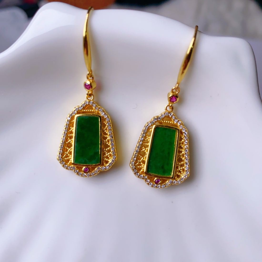 A Pair Beautiful 925 Silver Inlay Jadeite Earrings - 3