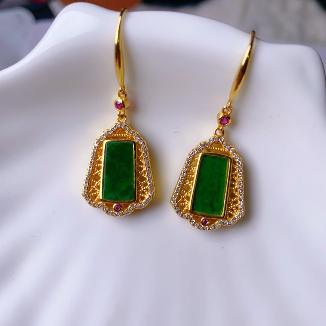 A Pair Beautiful 925 Silver Inlay Jadeite Earrings - 4