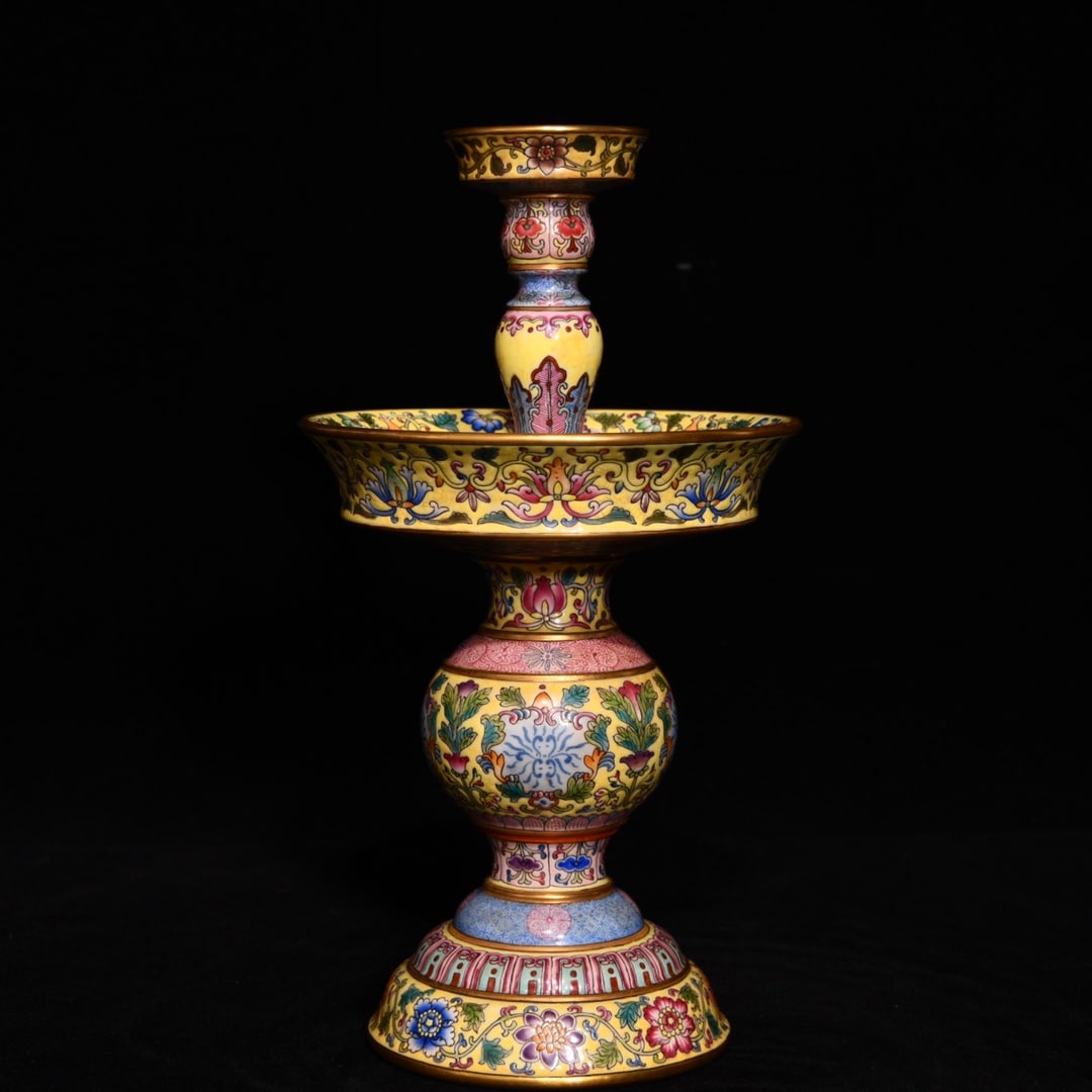 A Pair Chinese Gilt Edge Famille Rose Flowers Design Porcelain Candlestick - 2