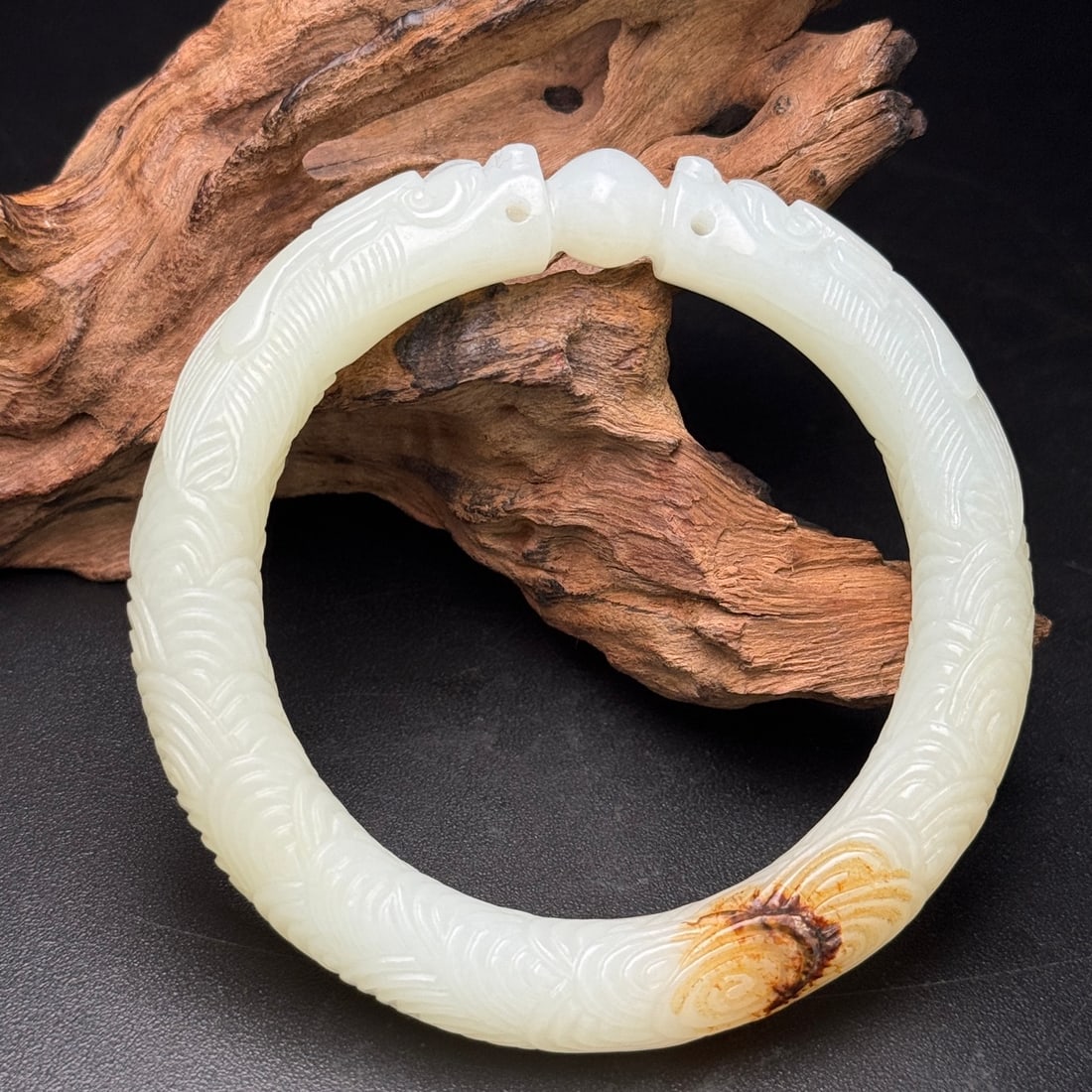 Inside Diameter 58mm High Quality Chinese White Hetian Jade Double Dragon Bracelet - 2