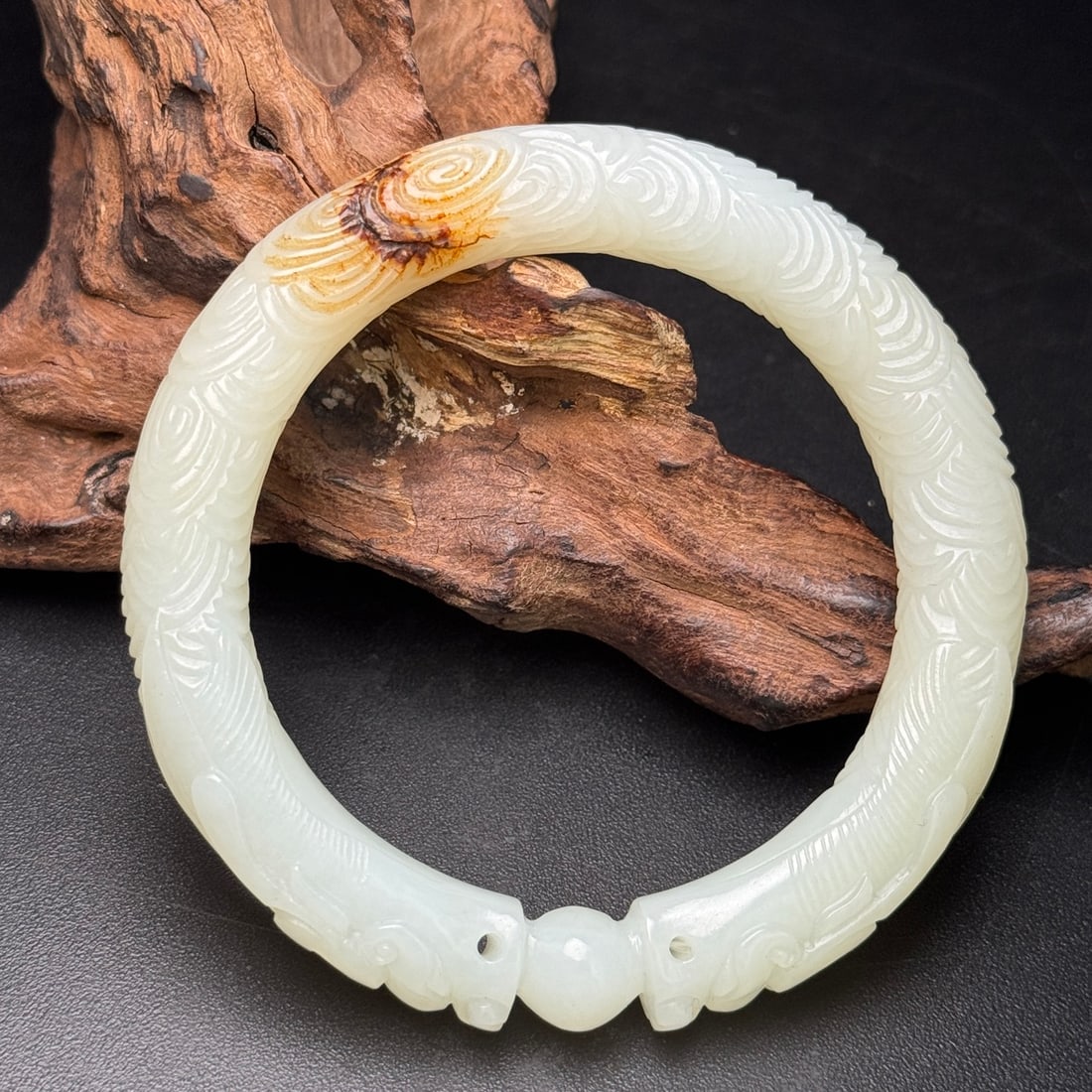 Inside Diameter 58mm High Quality Chinese White Hetian Jade Double Dragon Bracelet - 3