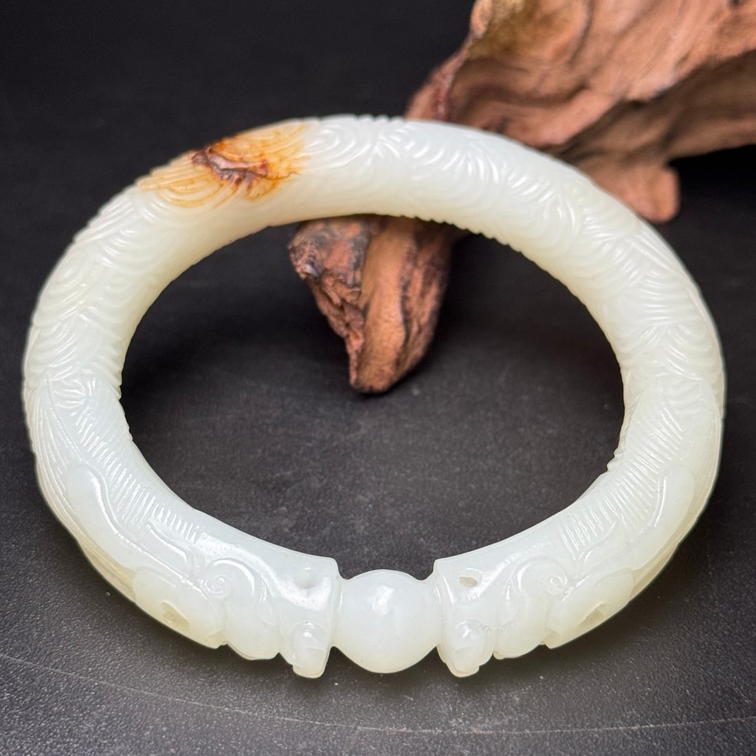 Inside Diameter 58mm High Quality Chinese White Hetian Jade Double Dragon Bracelet - 6
