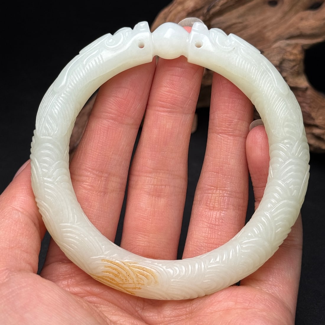 Inside Diameter 58mm High Quality Chinese White Hetian Jade Double Dragon Bracelet - 8