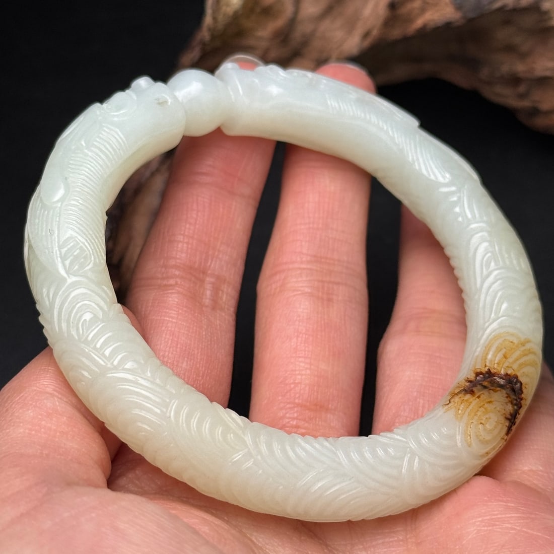 Inside Diameter 58mm High Quality Chinese White Hetian Jade Double Dragon Bracelet - 9