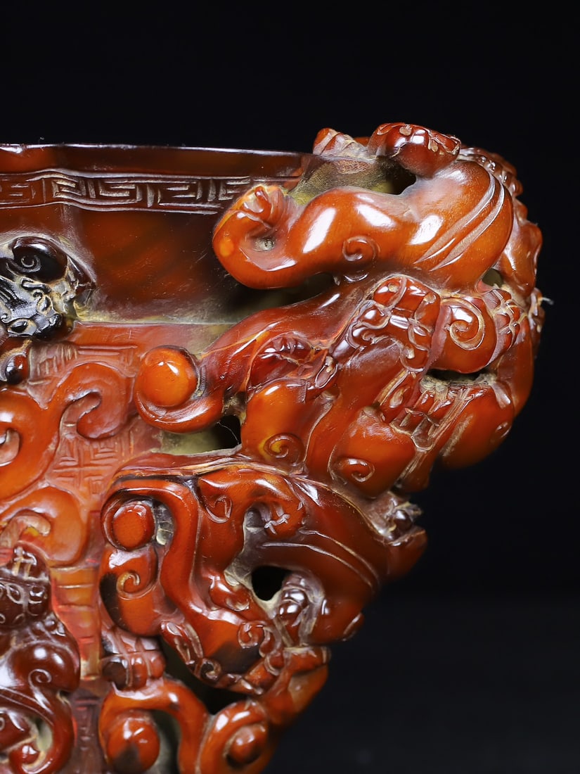 Vintage Ox Horn Carved Chi Dragon Sacrifice Wine Cup - 10