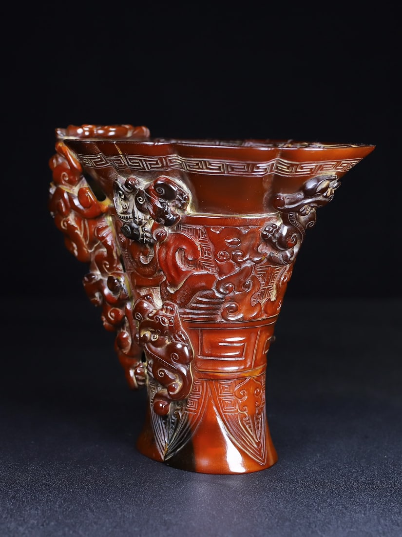 Vintage Ox Horn Carved Chi Dragon Sacrifice Wine Cup - 2