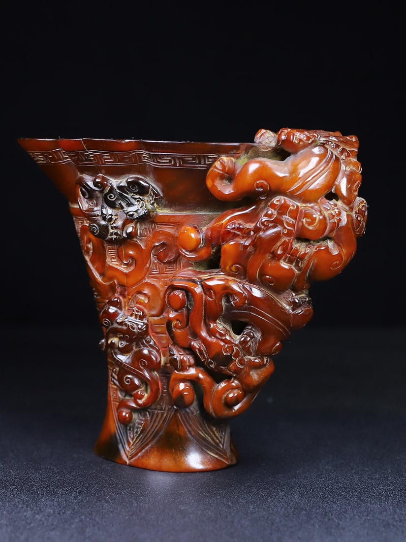 Vintage Ox Horn Carved Chi Dragon Sacrifice Wine Cup - 3