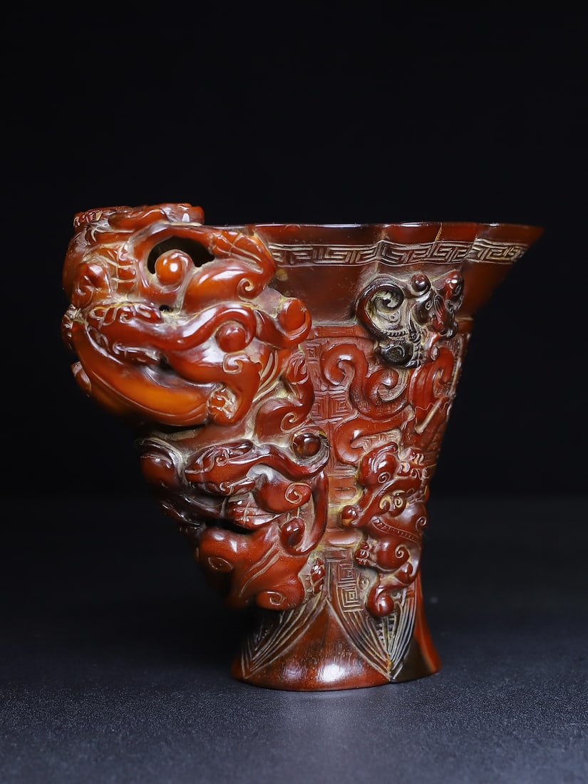 Vintage Ox Horn Carved Chi Dragon Sacrifice Wine Cup - 4