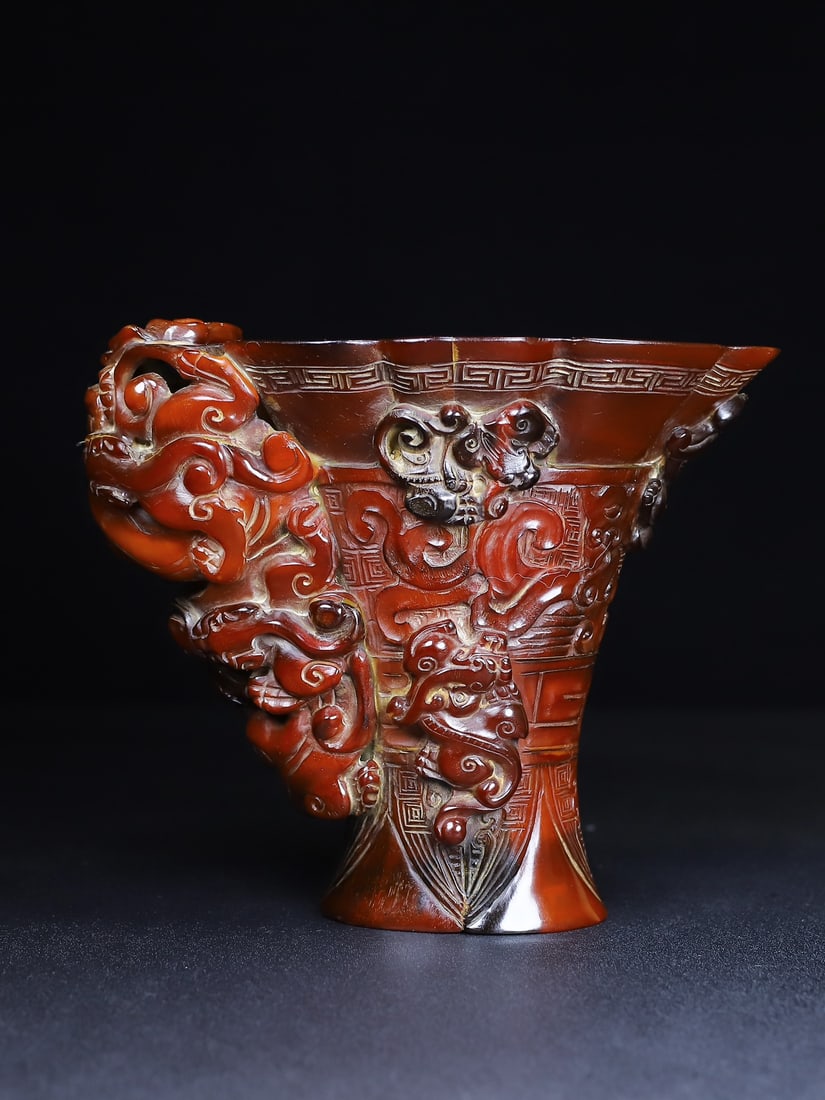 Vintage Ox Horn Carved Chi Dragon Sacrifice Wine Cup - 5
