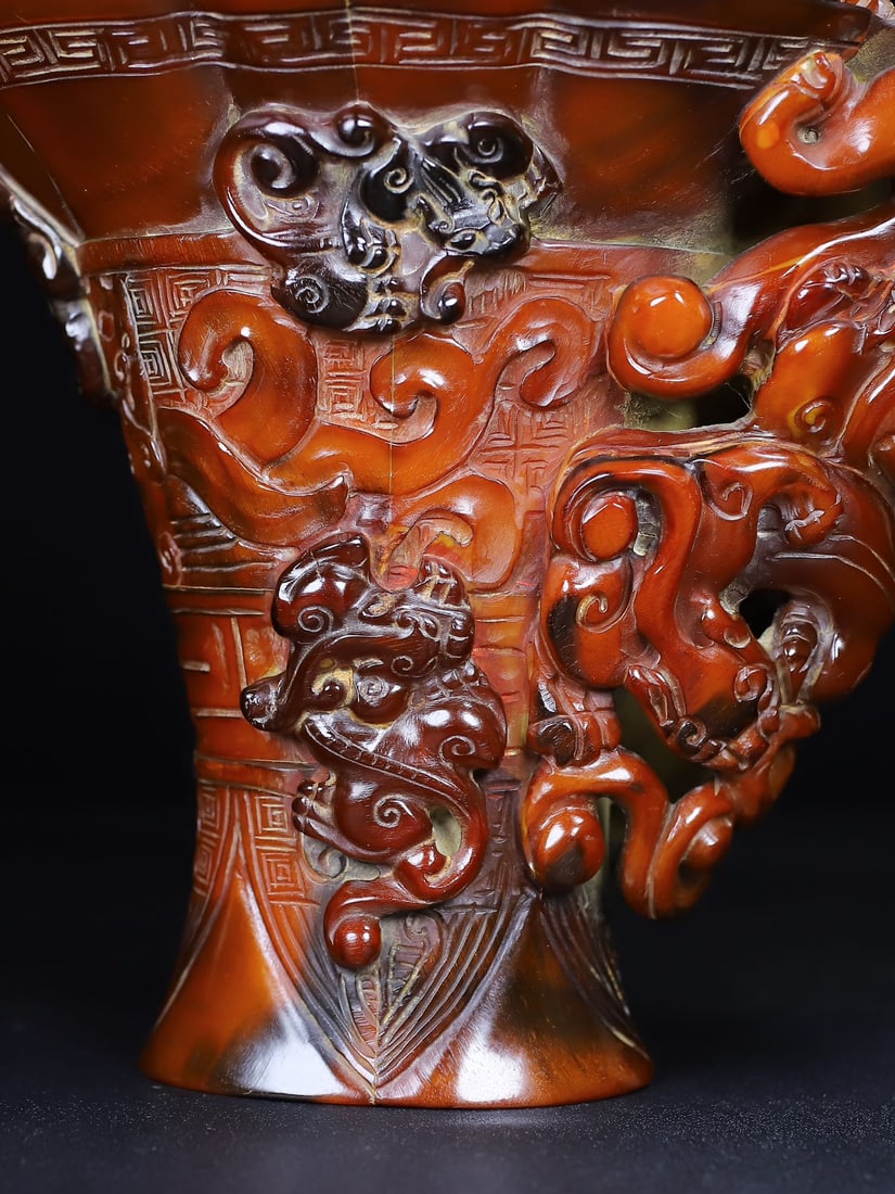 Vintage Ox Horn Carved Chi Dragon Sacrifice Wine Cup - 6