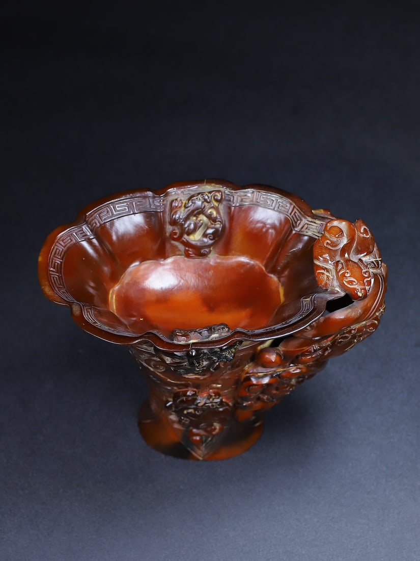 Vintage Ox Horn Carved Chi Dragon Sacrifice Wine Cup - 7