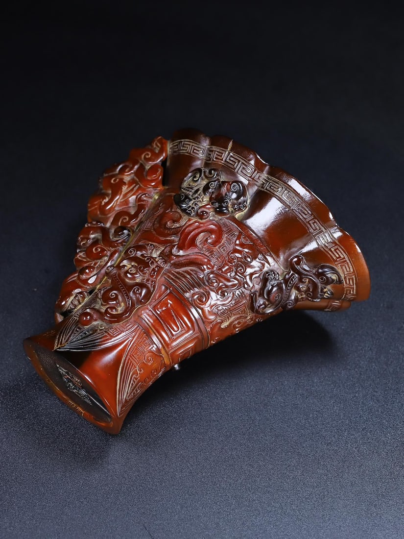Vintage Ox Horn Carved Chi Dragon Sacrifice Wine Cup - 8