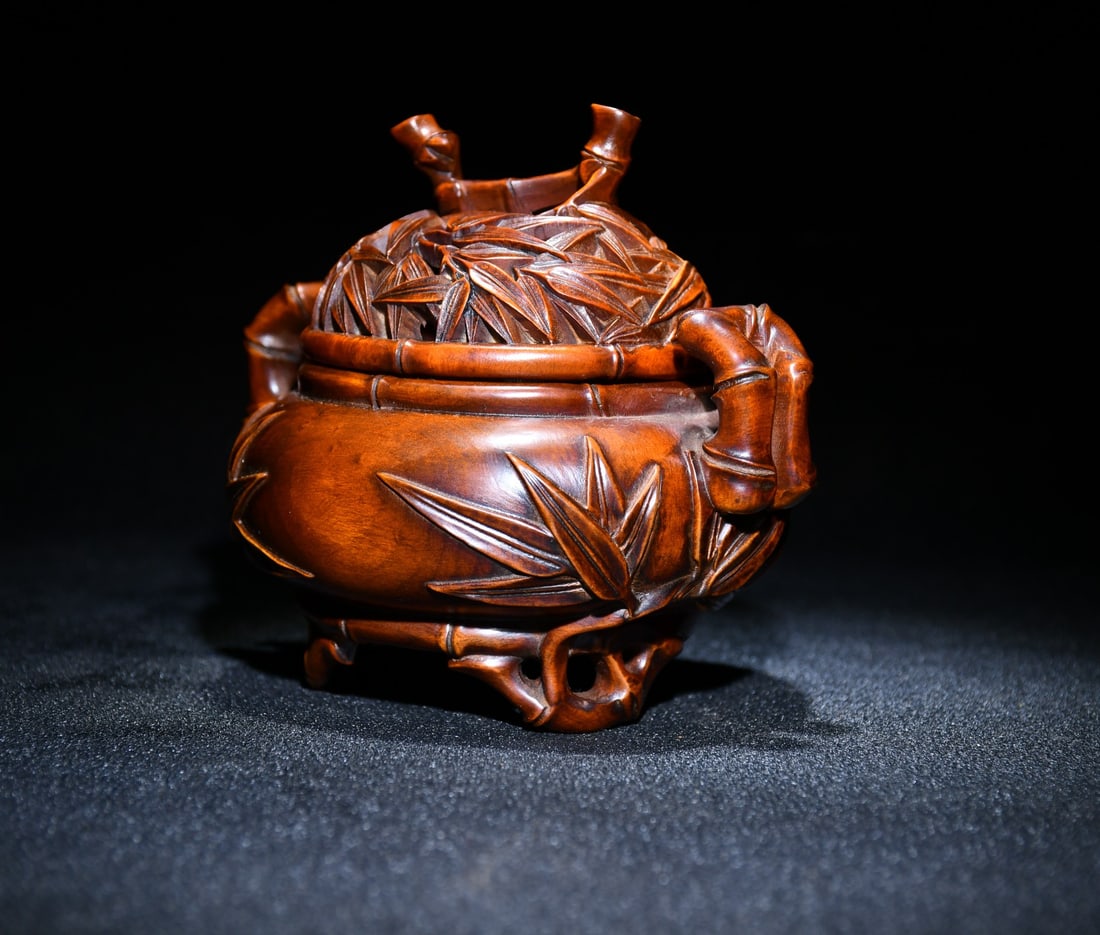Chinese Boxwood Wood Carved Fortune Bamboo Incense Burner - 2