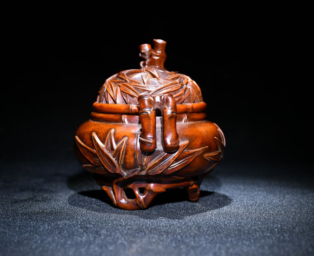 Chinese Boxwood Wood Carved Fortune Bamboo Incense Burner - 3