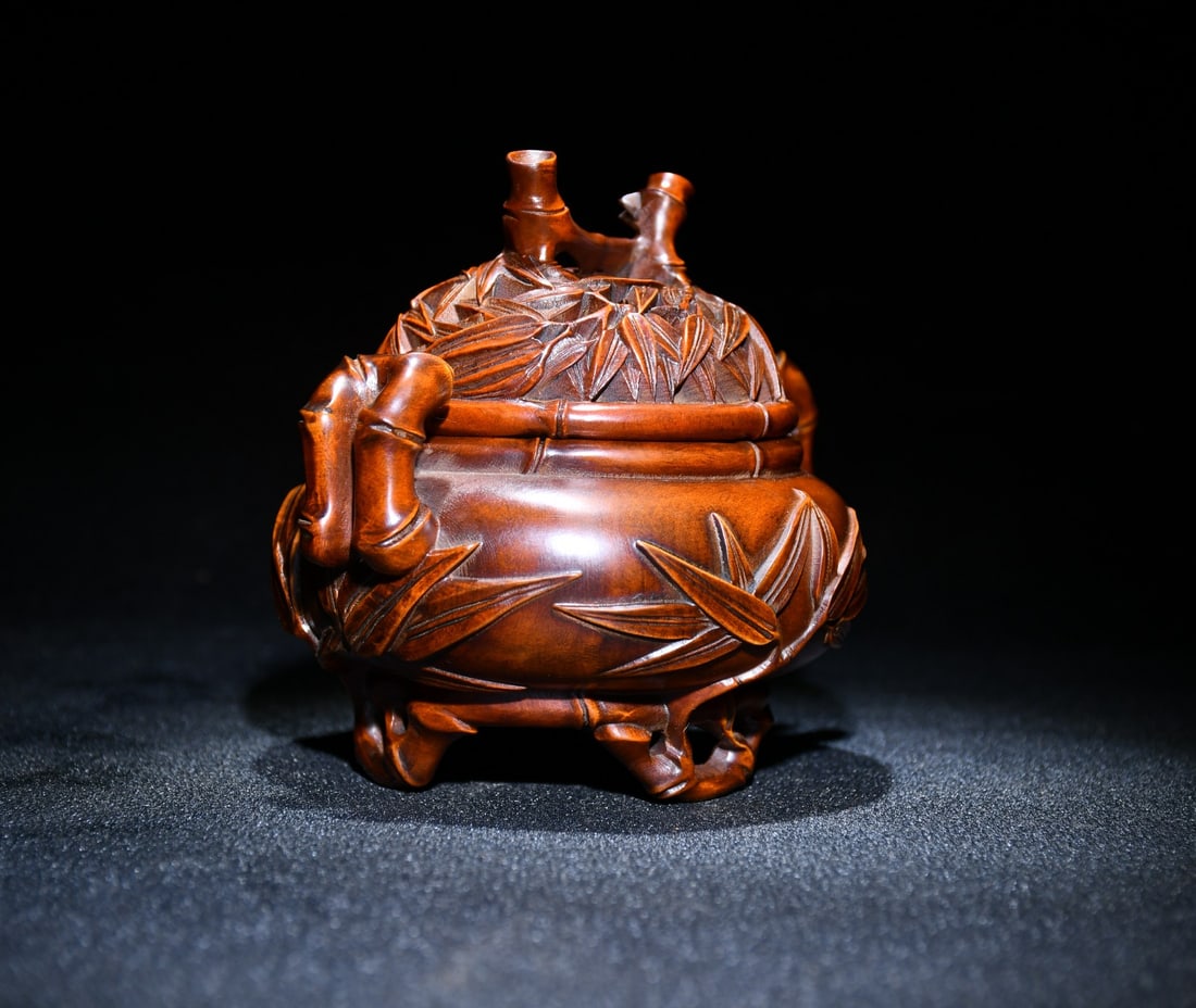 Chinese Boxwood Wood Carved Fortune Bamboo Incense Burner - 4