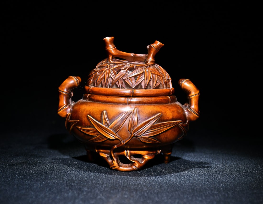 Chinese Boxwood Wood Carved Fortune Bamboo Incense Burner - 5