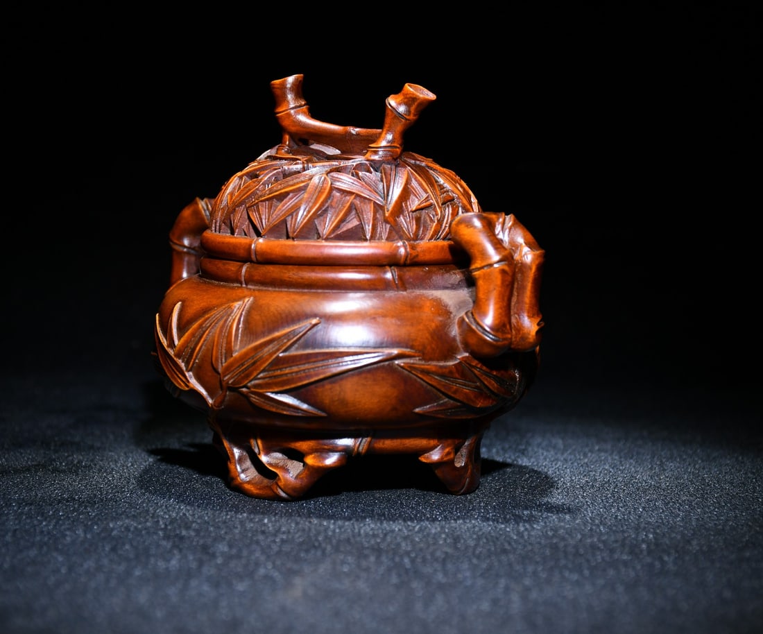 Chinese Boxwood Wood Carved Fortune Bamboo Incense Burner - 6
