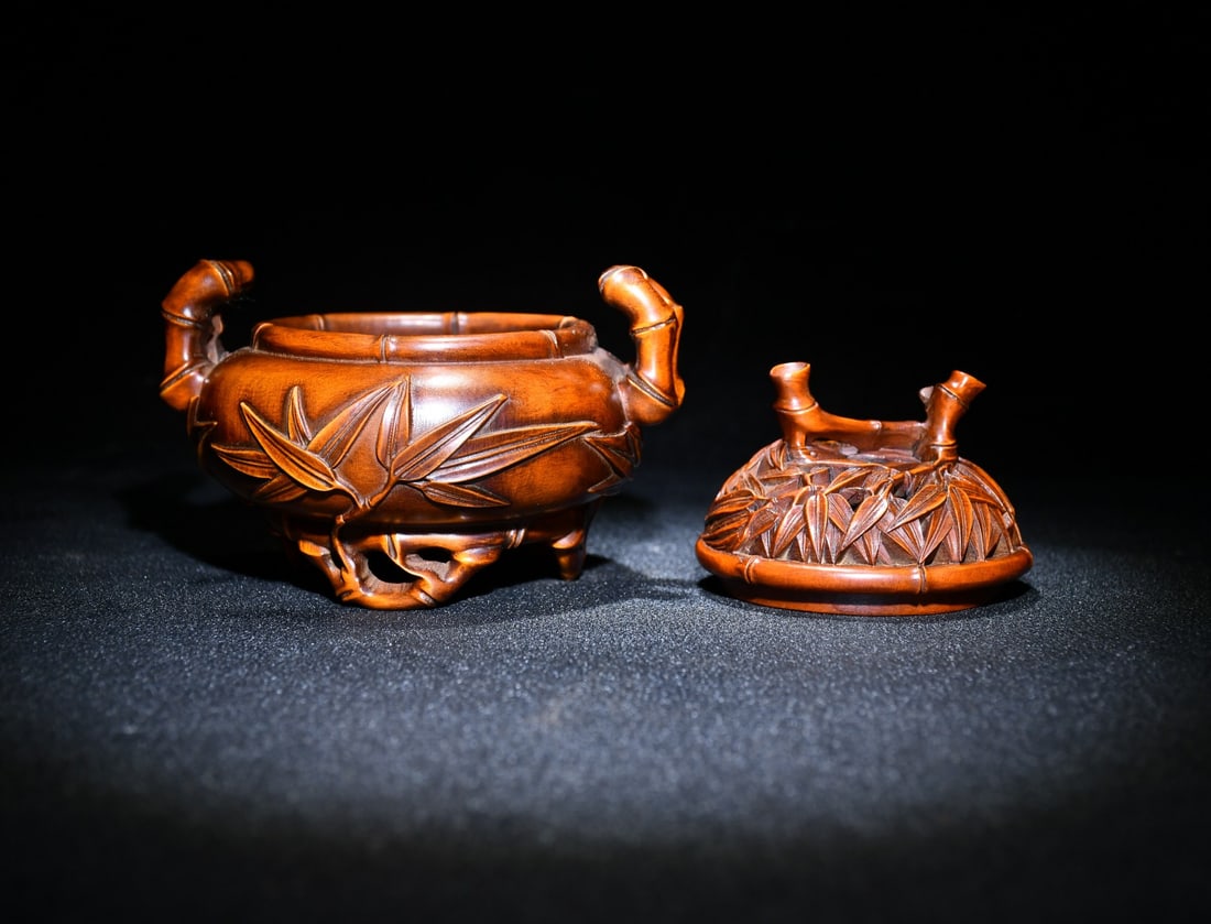 Chinese Boxwood Wood Carved Fortune Bamboo Incense Burner - 7