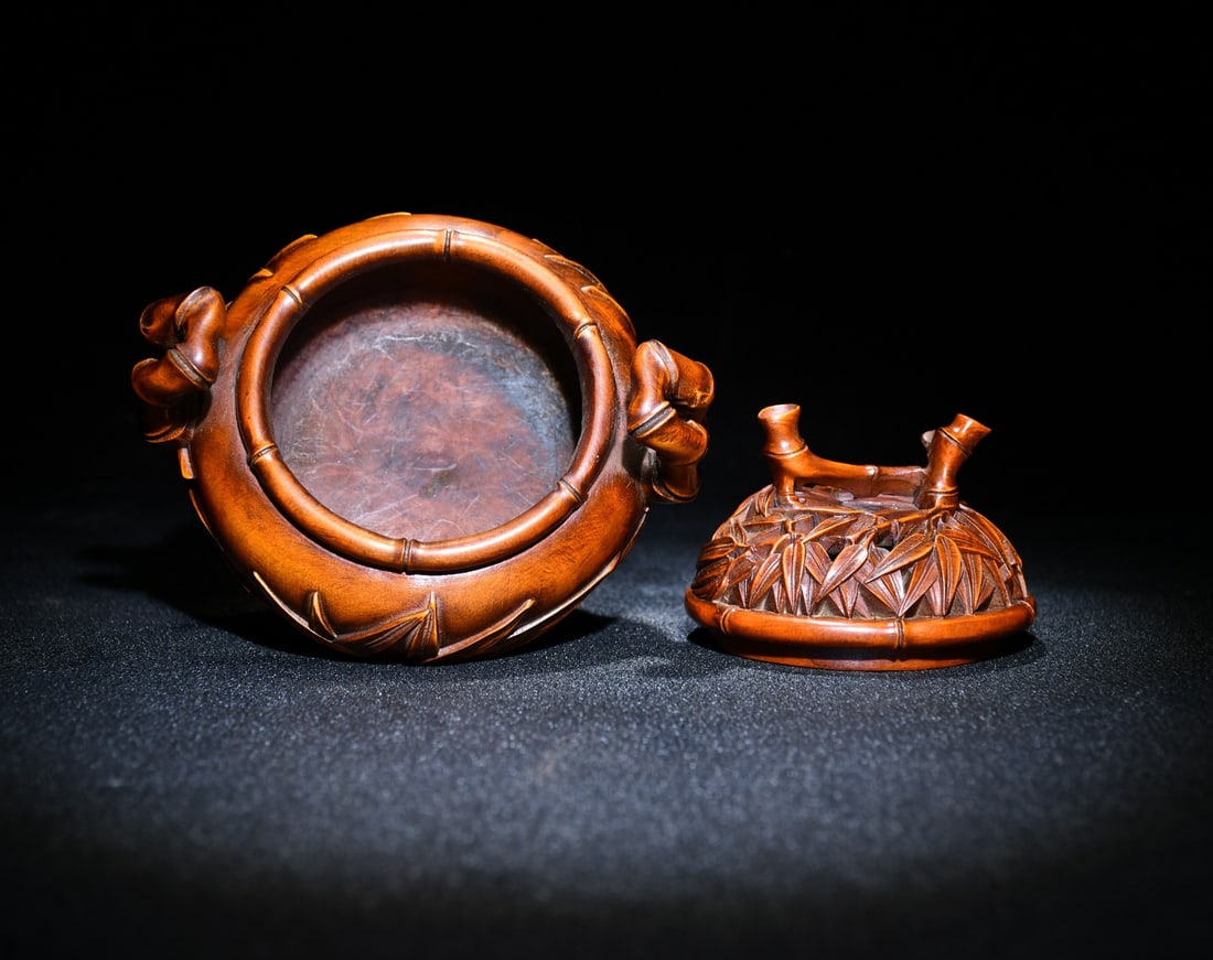 Chinese Boxwood Wood Carved Fortune Bamboo Incense Burner - 8