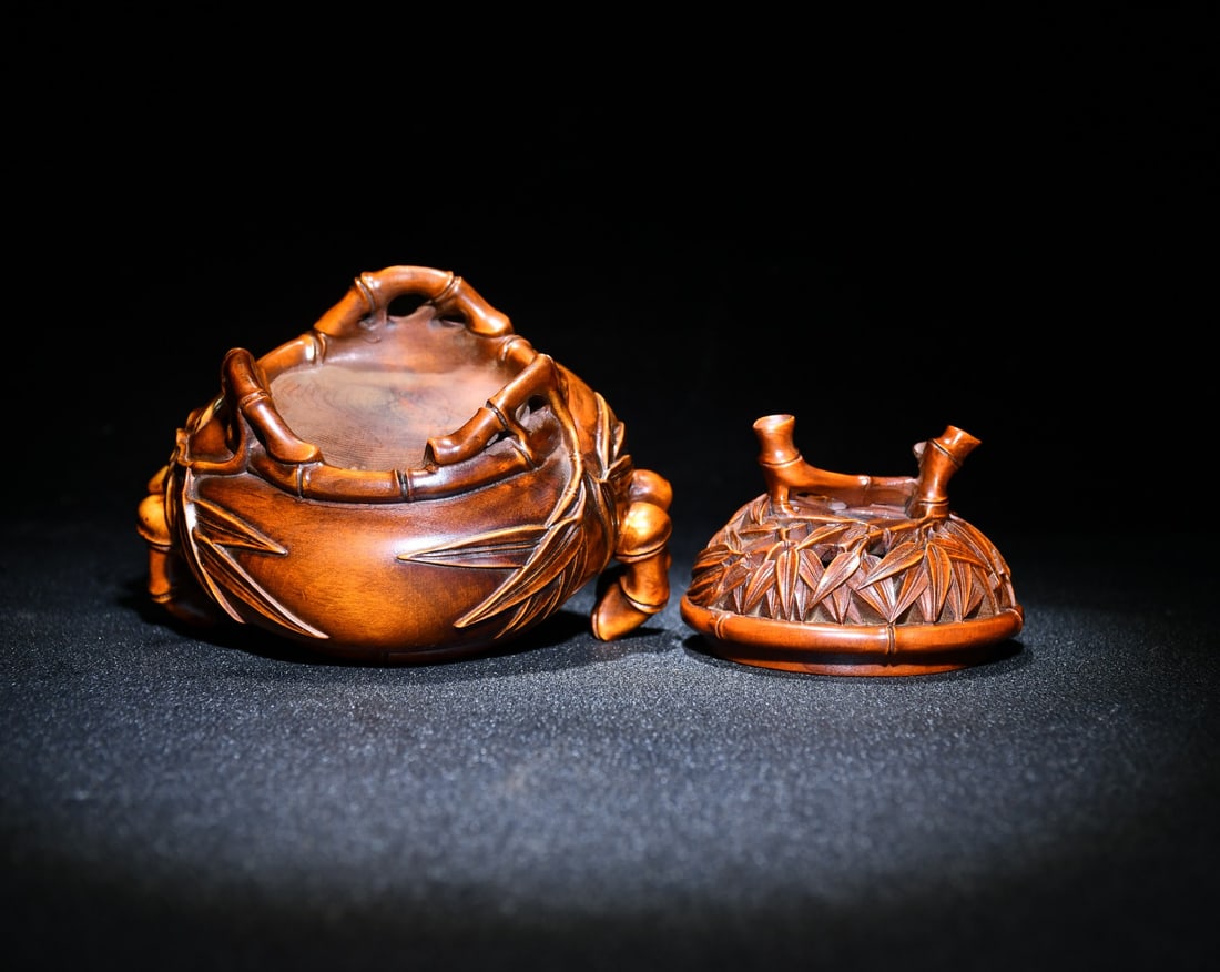 Chinese Boxwood Wood Carved Fortune Bamboo Incense Burner - 9