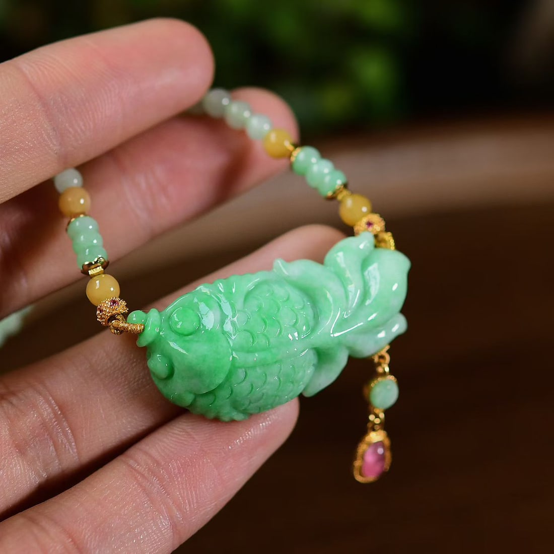 Exquisite Jadeite Carved Goldfish Pendant w Hand Woven Jadeite & Beeswax Beads Necklace (1 of 6)