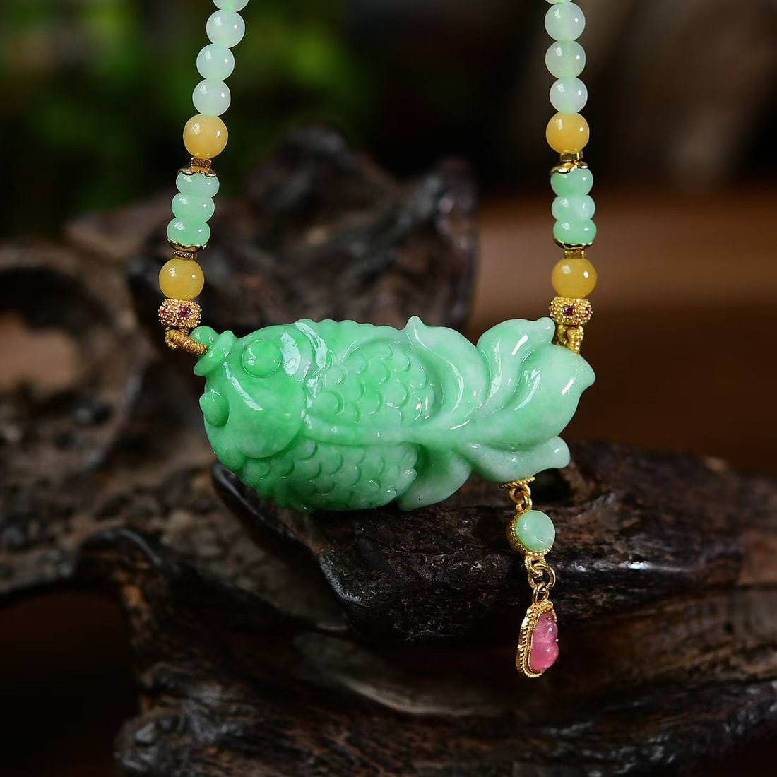 Exquisite Jadeite Carved Goldfish Pendant w Hand Woven Jadeite & Beeswax Beads Necklace - 2