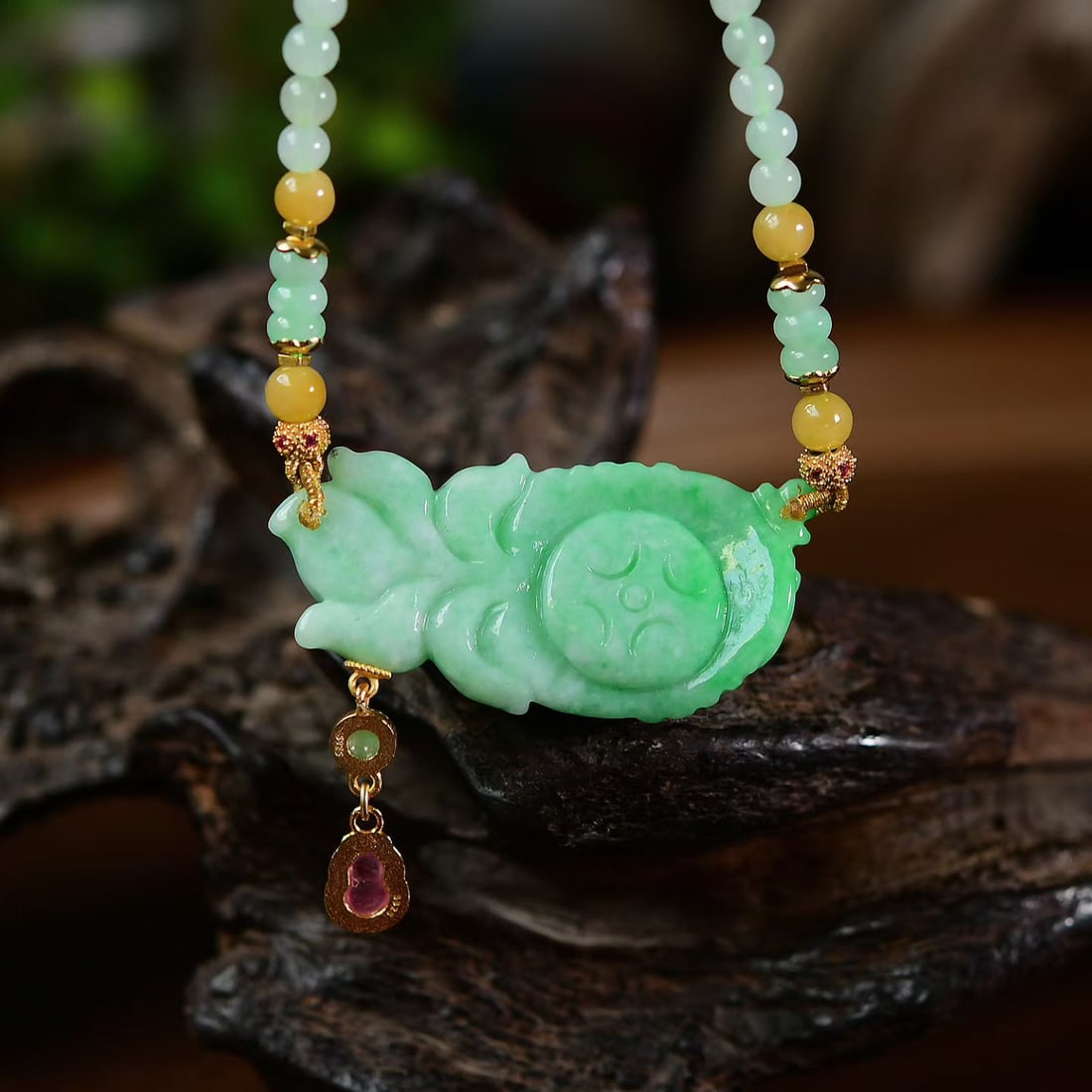 Exquisite Jadeite Carved Goldfish Pendant w Hand Woven Jadeite & Beeswax Beads Necklace - 3