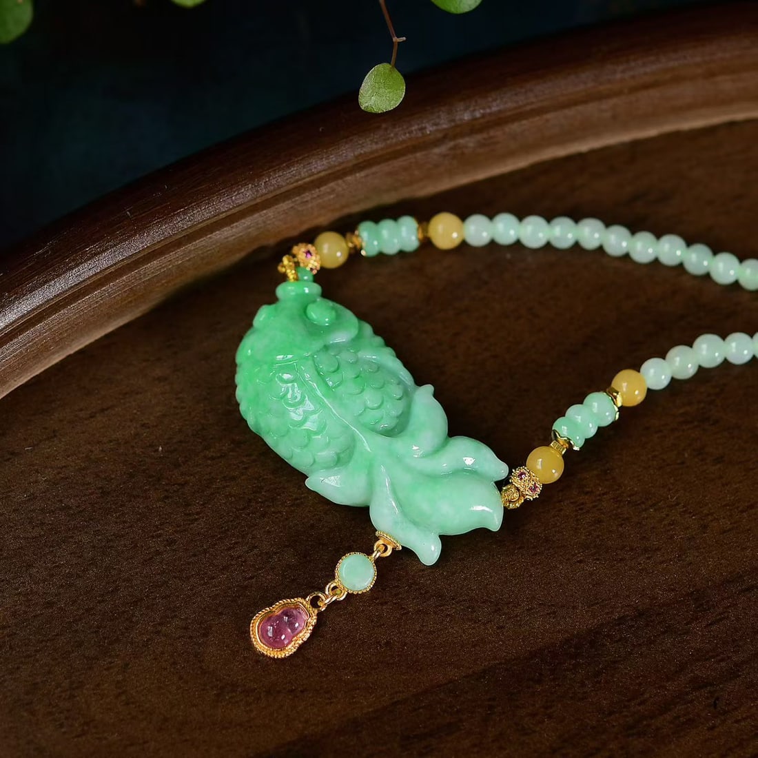 Exquisite Jadeite Carved Goldfish Pendant w Hand Woven Jadeite & Beeswax Beads Necklace - 4