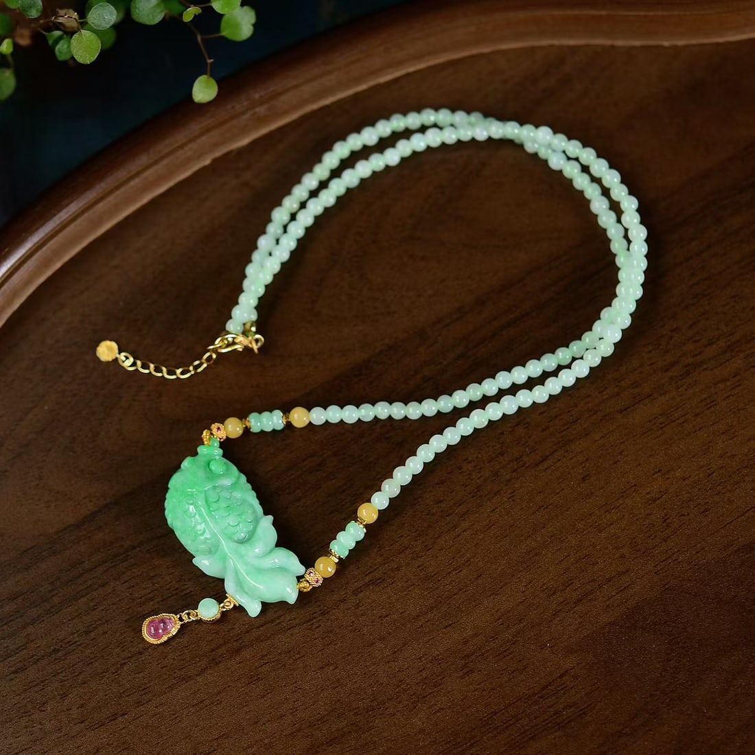 Exquisite Jadeite Carved Goldfish Pendant w Hand Woven Jadeite & Beeswax Beads Necklace - 5