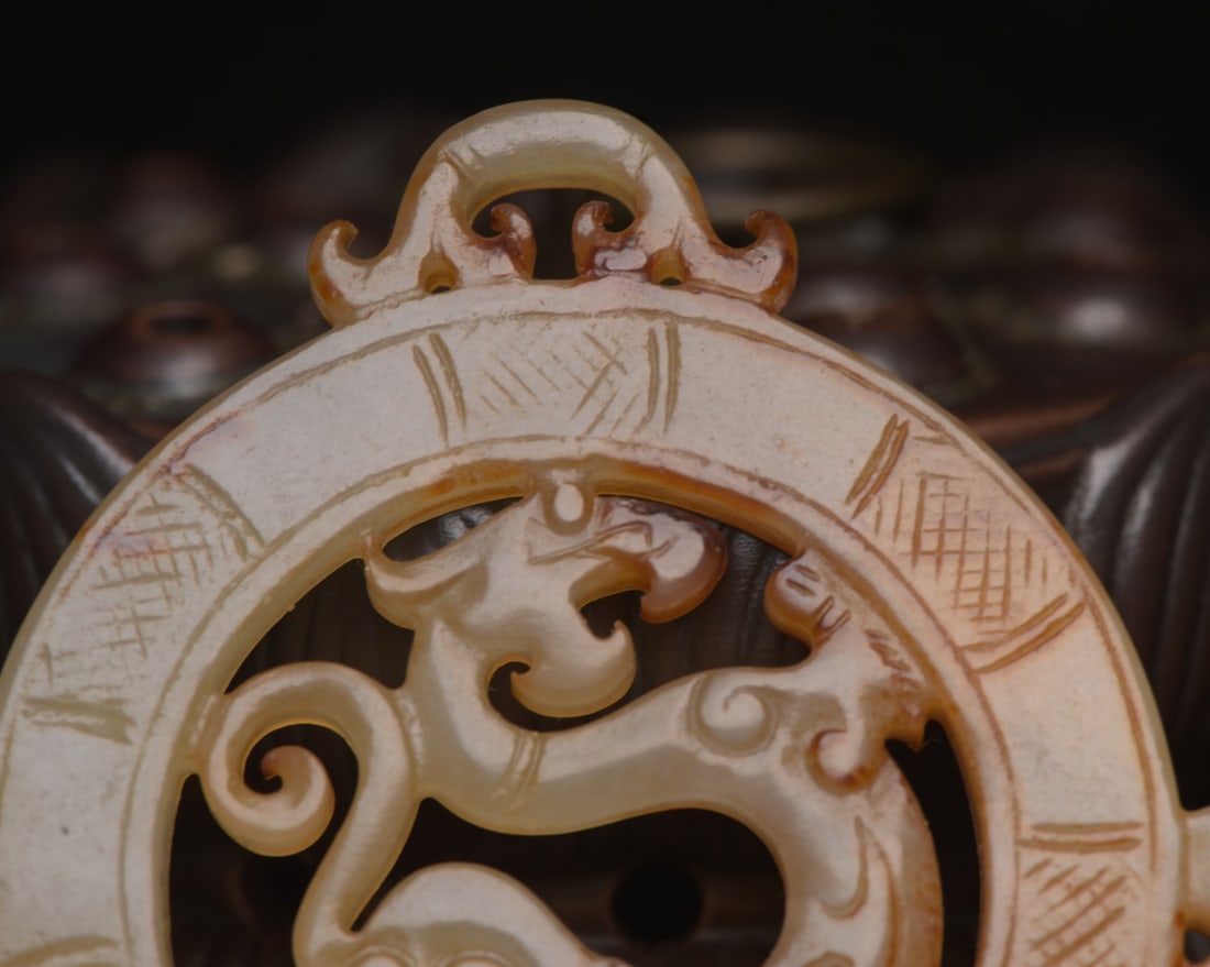 Chinese Hetian Jade Carved Dragon Phoenix Jade Bi Pendant - 4