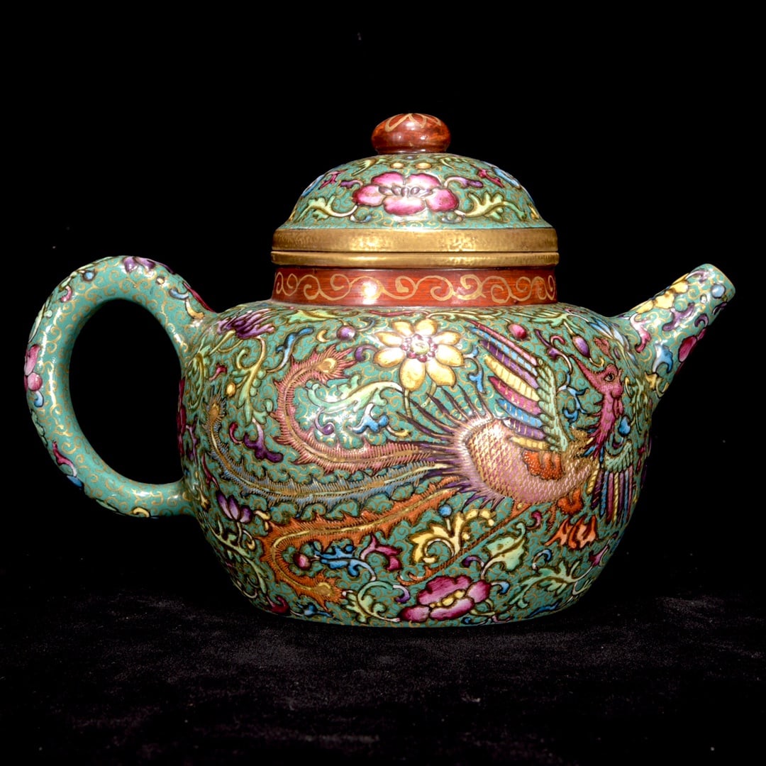 Chinese Famille Rose Enamel Yixing Zisha Clay Fortune Dragon Teapot w Qianlong Mark - 3