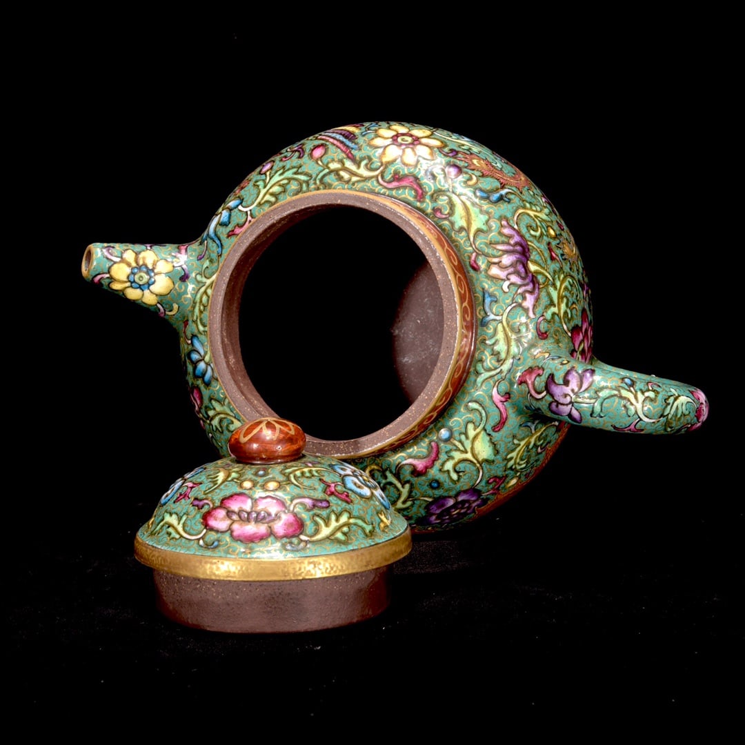 Chinese Famille Rose Enamel Yixing Zisha Clay Fortune Dragon Teapot w Qianlong Mark - 7