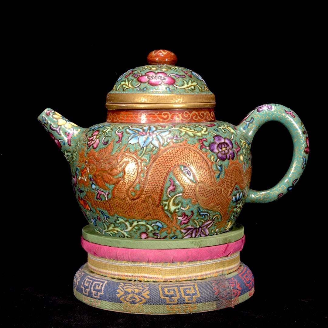 Chinese Famille Rose Enamel Yixing Zisha Clay Fortune Dragon Teapot w Qianlong Mark (1 of 8)
