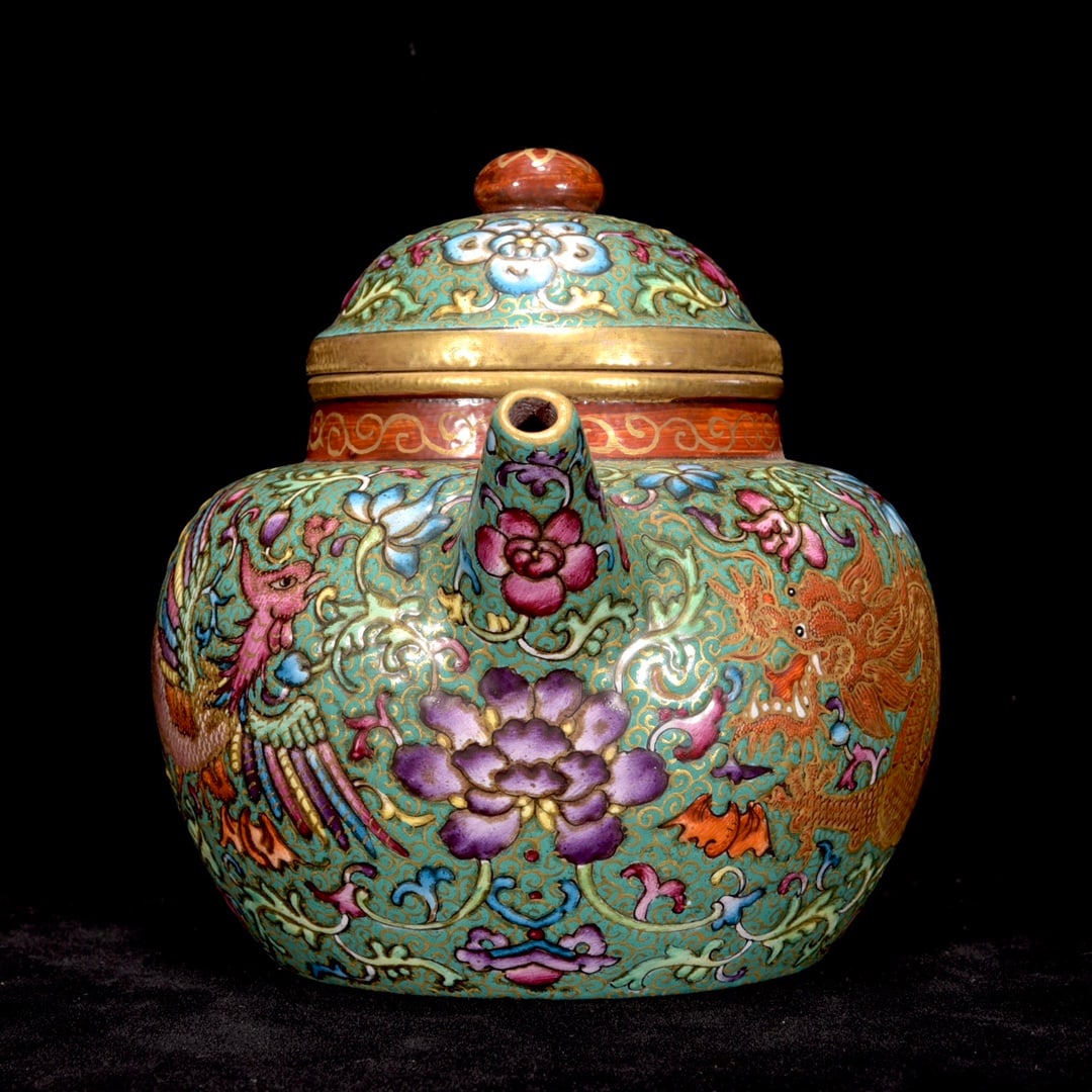 Chinese Famille Rose Enamel Yixing Zisha Clay Fortune Dragon Teapot w Qianlong Mark - 2