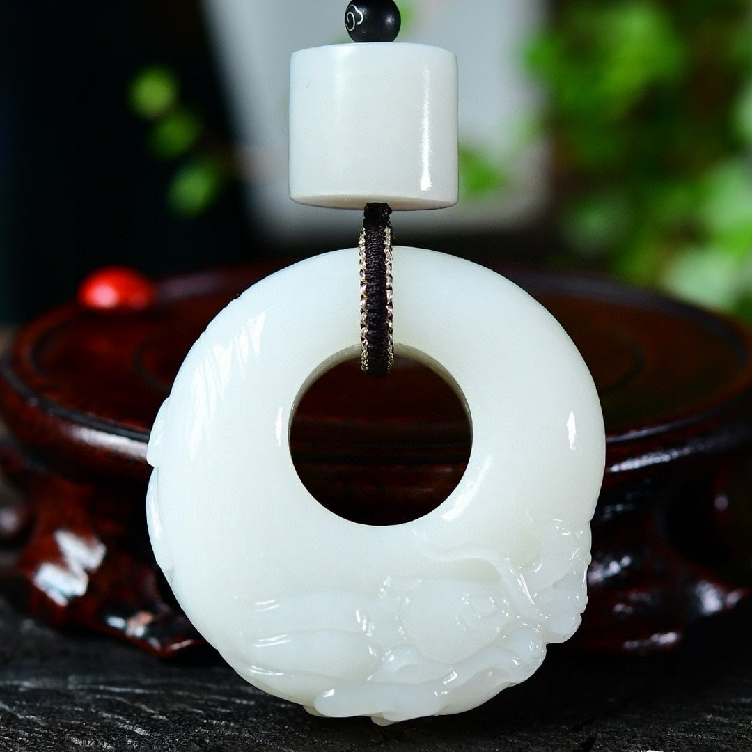 Superb Chinese Hetian Jade Carved Fortune Dragon Ring Pendant - 2