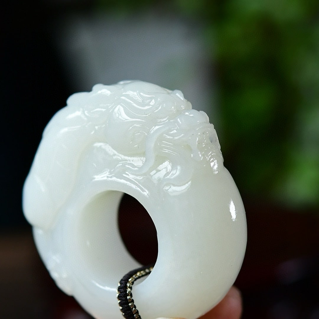 Superb Chinese Hetian Jade Carved Fortune Dragon Ring Pendant - 4