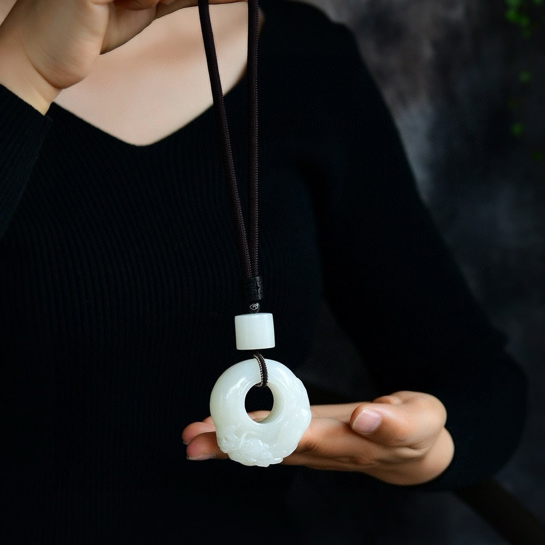 Superb Chinese Hetian Jade Carved Fortune Dragon Ring Pendant - 5