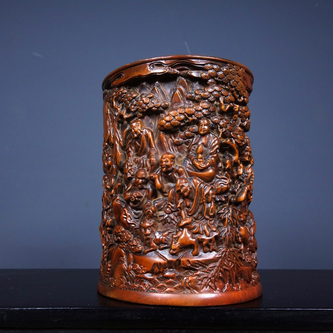 Chinese Boxwood Wood Carved Eighteen Arhats Brush Pot - 2