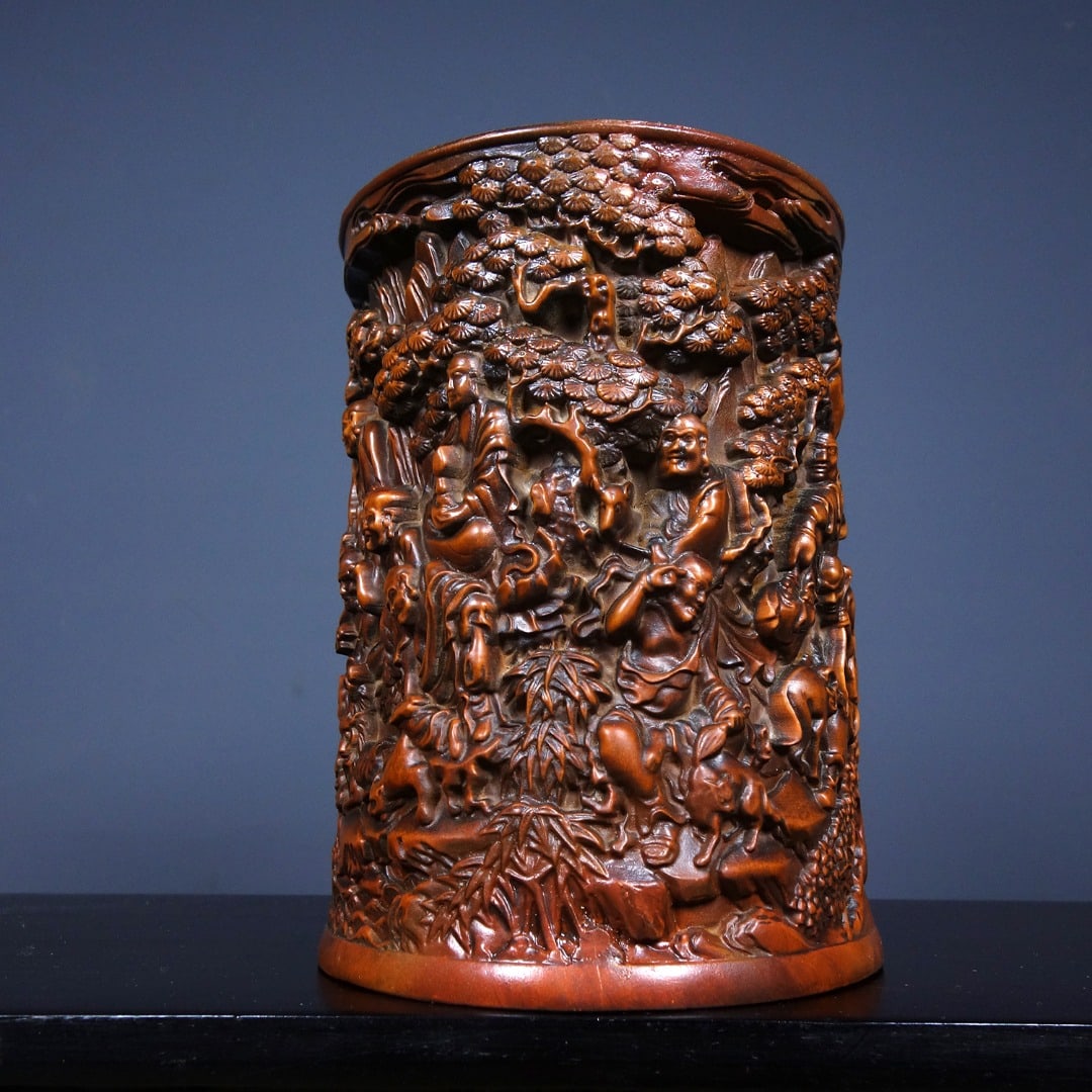 Chinese Boxwood Wood Carved Eighteen Arhats Brush Pot - 3