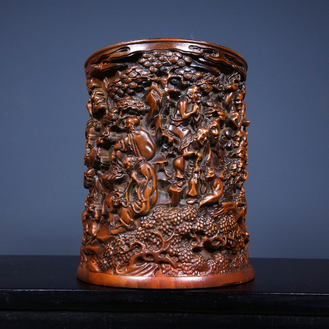 Chinese Boxwood Wood Carved Eighteen Arhats Brush Pot - 4