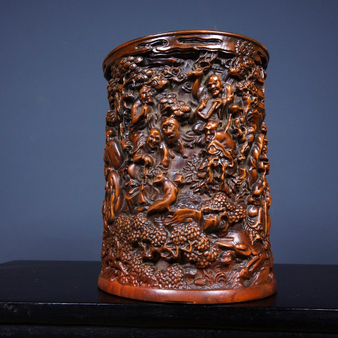 Chinese Boxwood Wood Carved Eighteen Arhats Brush Pot - 5