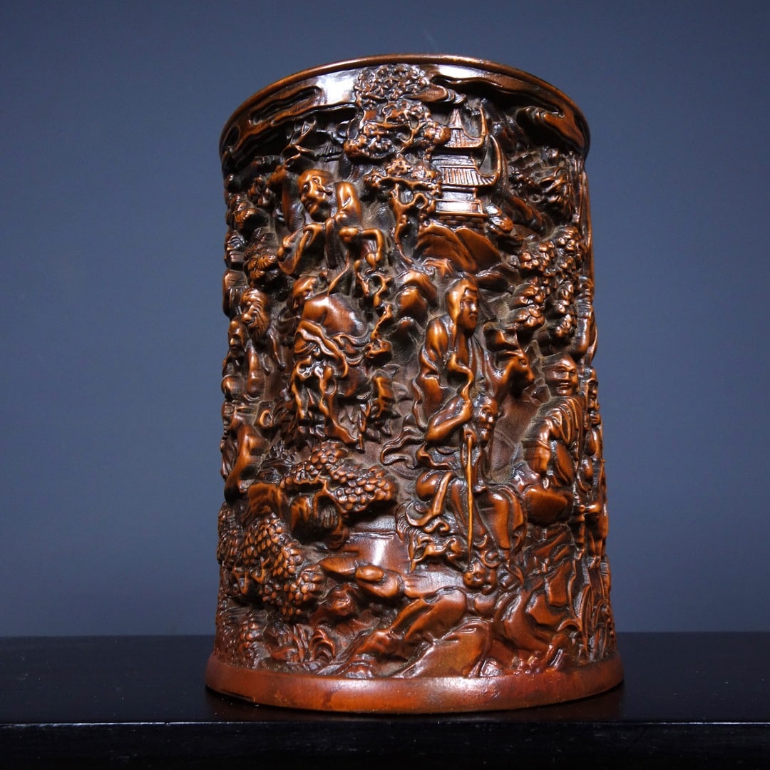 Chinese Boxwood Wood Carved Eighteen Arhats Brush Pot - 6