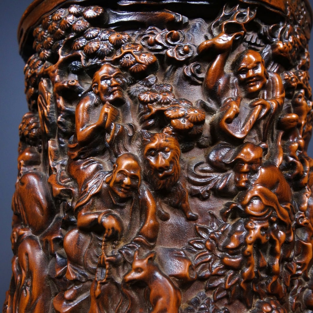 Chinese Boxwood Wood Carved Eighteen Arhats Brush Pot - 7