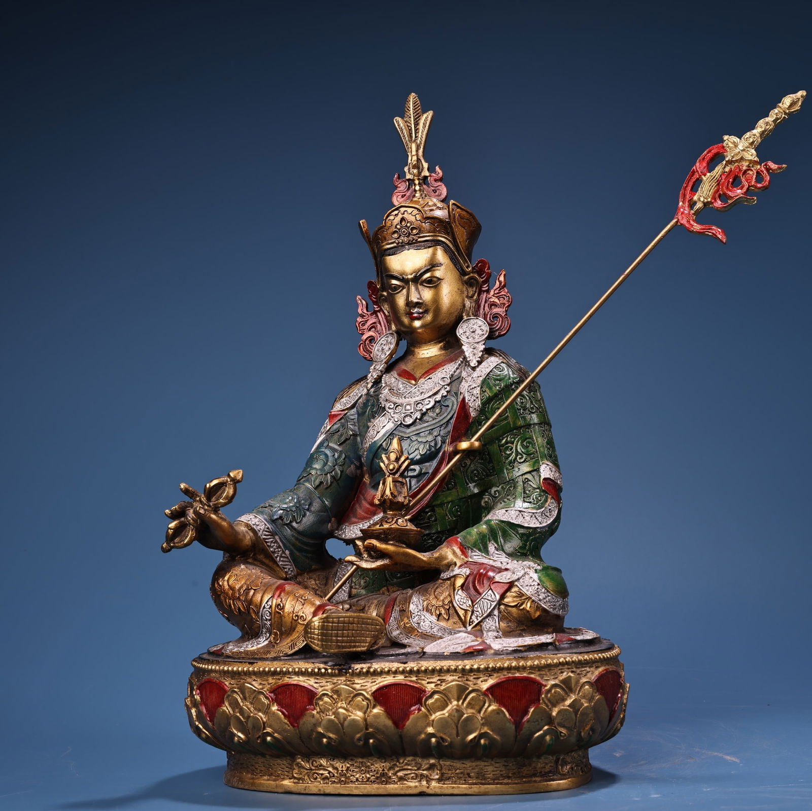 Tibetan Buddhism Colored Drawing Gilt Gold Copper Padmasambhava Buddha Statue - 10