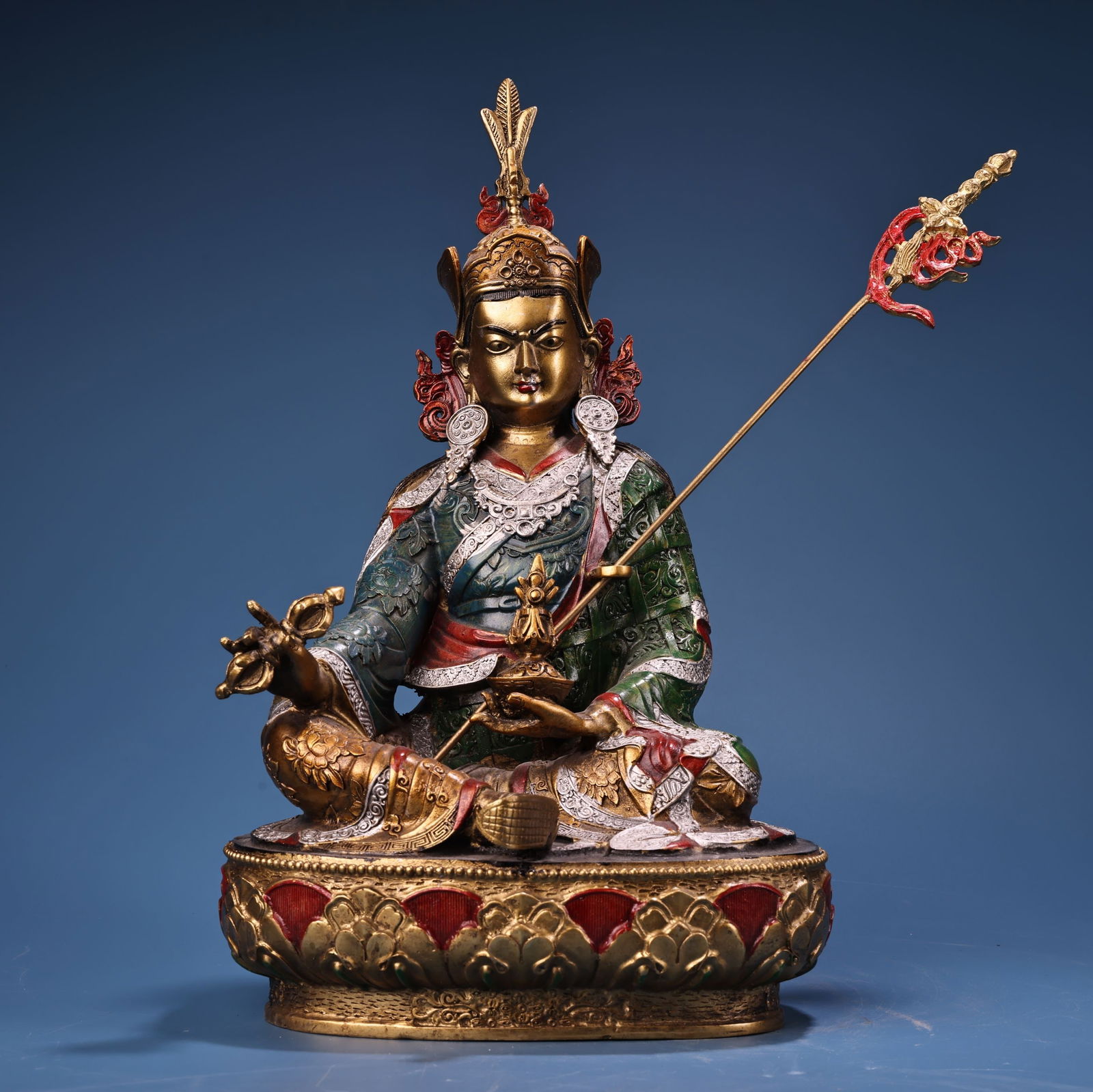 Tibetan Buddhism Colored Drawing Gilt Gold Copper Padmasambhava Buddha Statue (1 of 10)