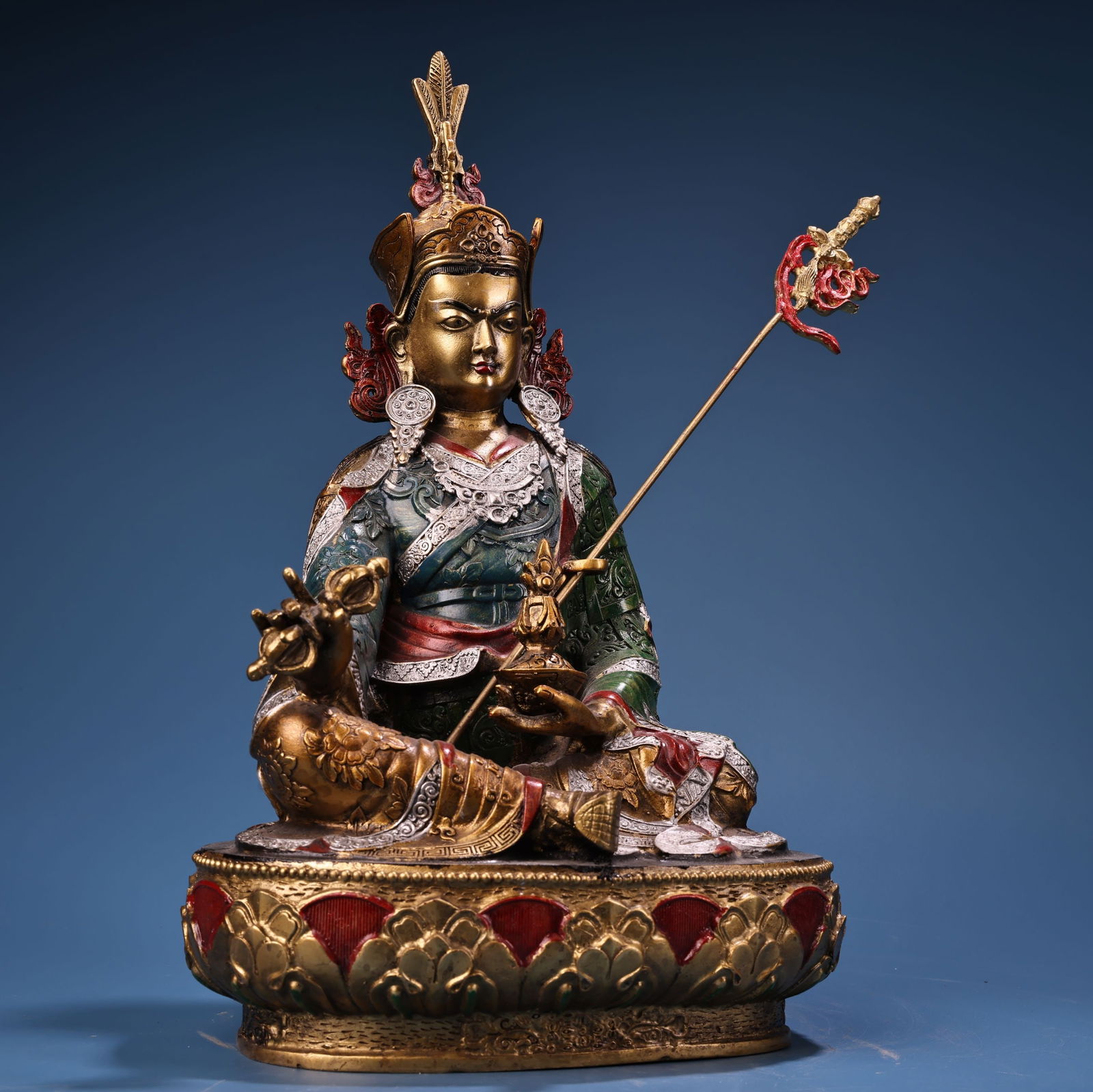 Tibetan Buddhism Colored Drawing Gilt Gold Copper Padmasambhava Buddha Statue - 2