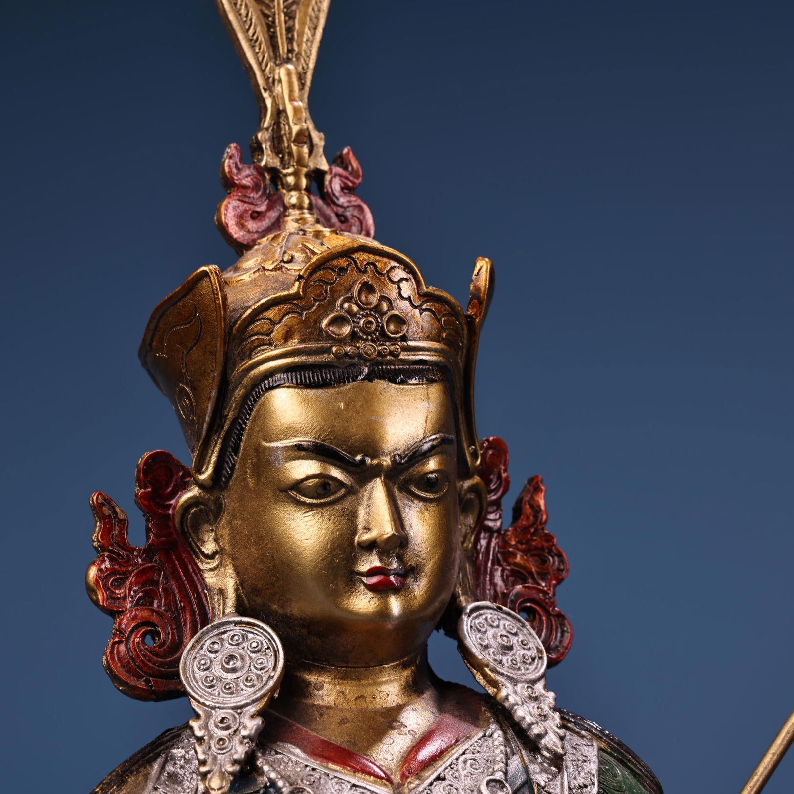 Tibetan Buddhism Colored Drawing Gilt Gold Copper Padmasambhava Buddha Statue - 3