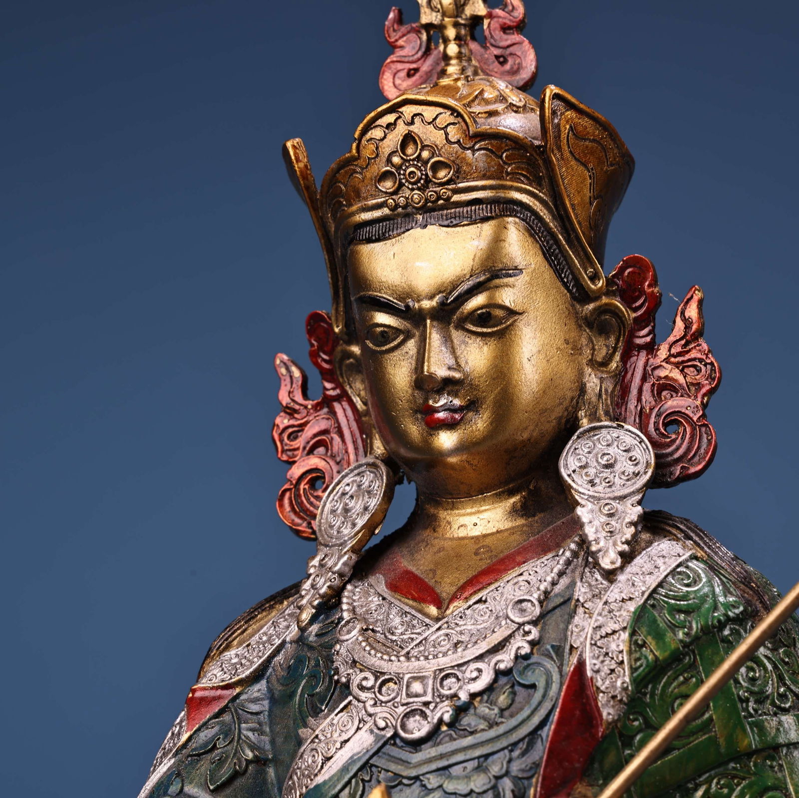 Tibetan Buddhism Colored Drawing Gilt Gold Copper Padmasambhava Buddha Statue - 4