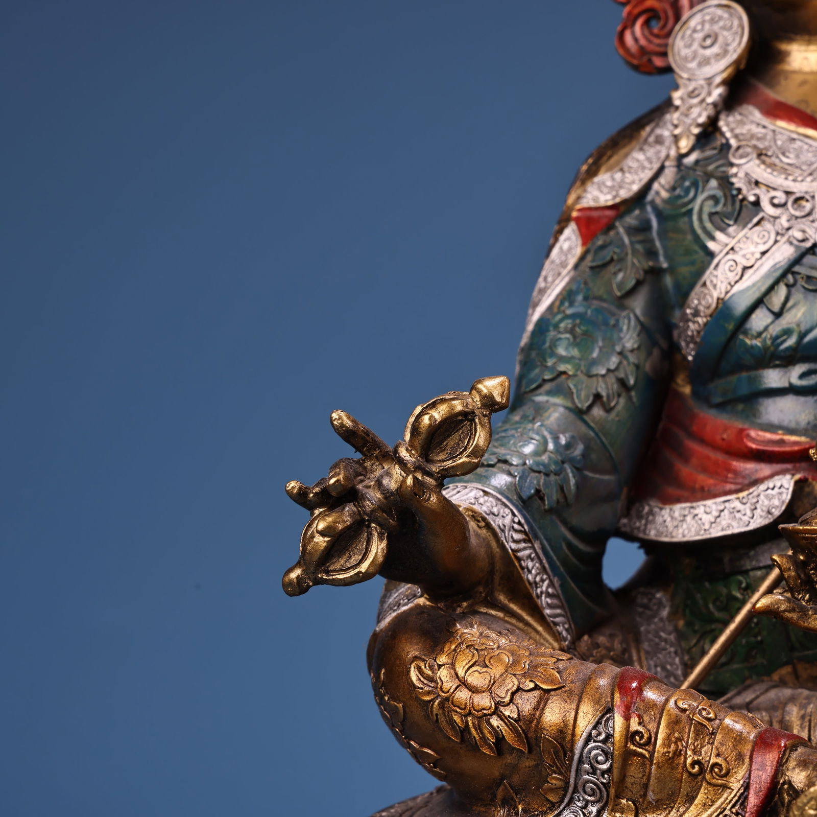 Tibetan Buddhism Colored Drawing Gilt Gold Copper Padmasambhava Buddha Statue - 5